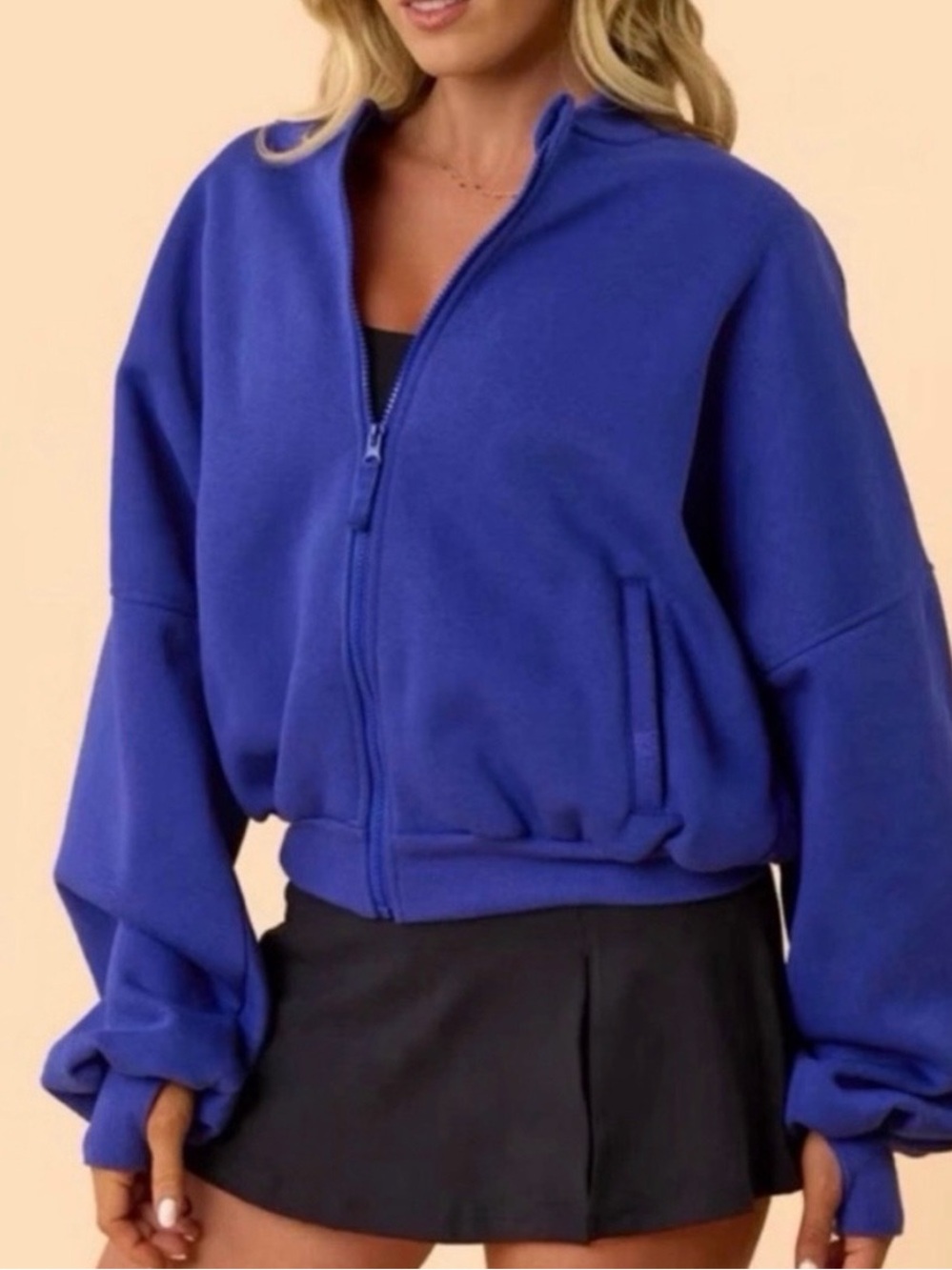 Blogilates Royal Blue Marshmallow Zip-Front Bomber Sweatshirt